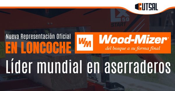 Banner de Gutsal anunciando la nueva representación oficial de Wood-Mizer en Loncoche, líder mundial en aserraderos.
